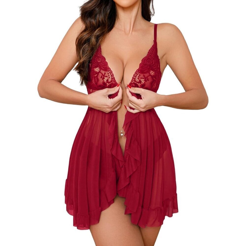 Women's Red V Neck Open Front Sheer Mesh Lace Wireless Babydoll w/ Thong